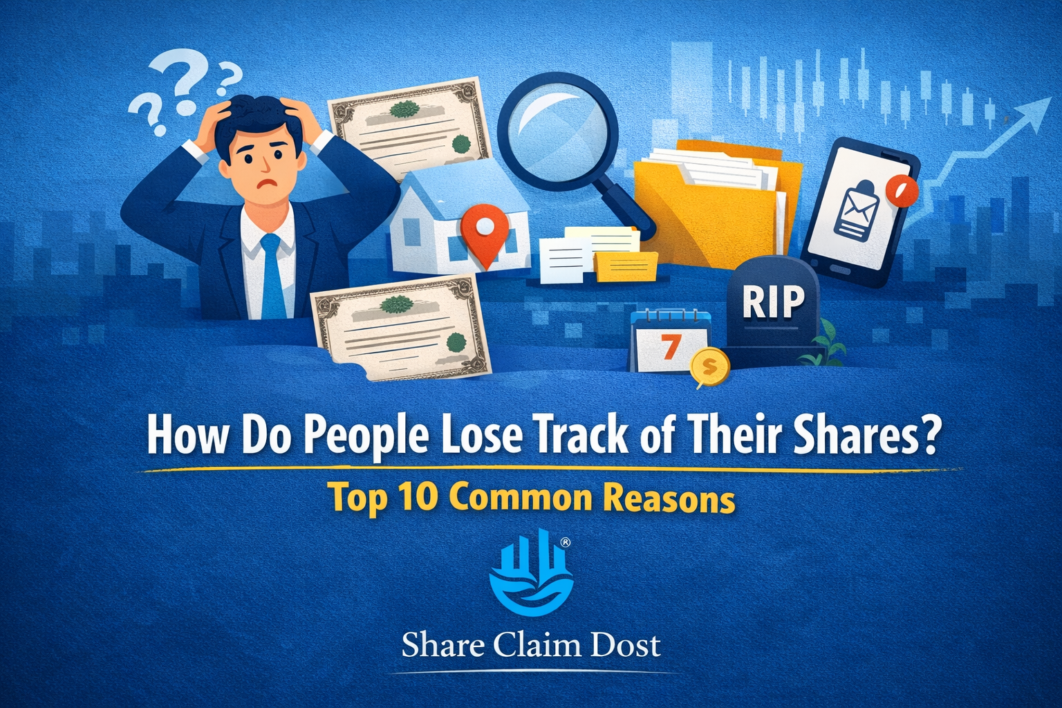 Illustration showing an investor confused about missing share investments, surrounded by share certificates, property records, documents, notifications, and financial symbols with the title "How Do People Lose Track of Their Shares? Top 10 Common Reasons."